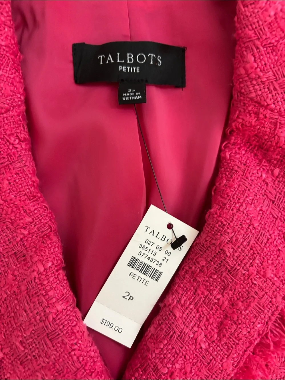 Talbots Hot Pink Bouclé Double-Breasted Cropped Blazer- size 2p NWT